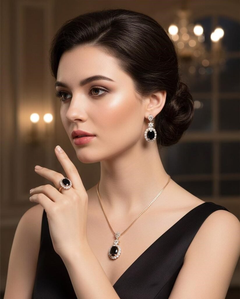Elegant Black Stone Pendant Jewelry Set for Women