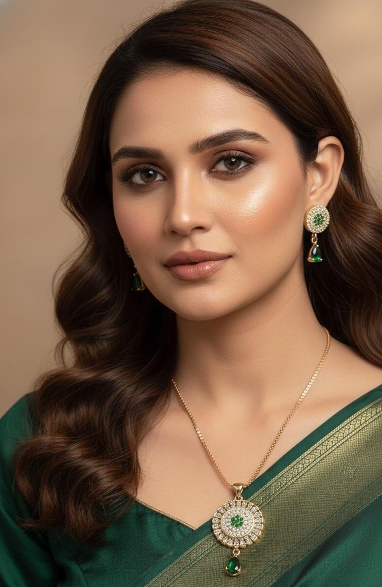 Green Stone Artificial Necklace, Finger Ring & Earrings Set - Image 2