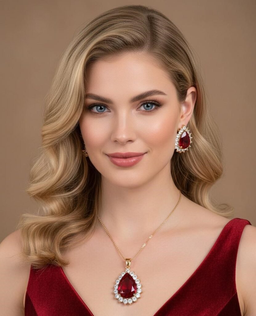 Elegant Ruby Red Teardrop Necklace & Earring Set for Women