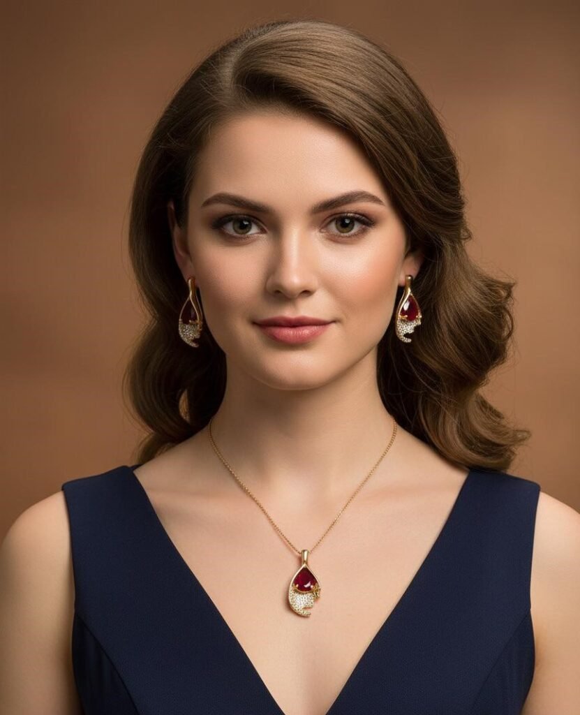 Ruby Red Pendant Necklace and Earring Set for Women