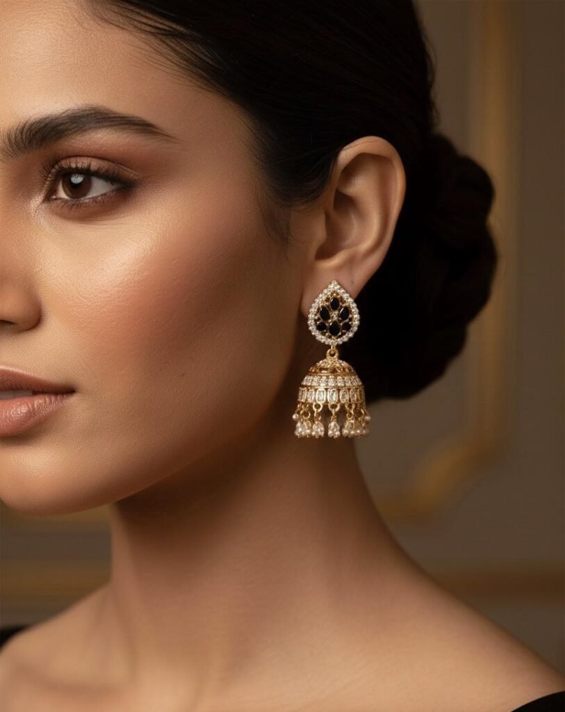 Artificial Gold Color Traditional Earrings with Black Stones