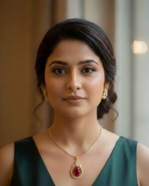 Classic Gold Color Finish Pendant Necklace with Red Stone