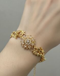 Artificial Gold-Tone Floral Bracelet with Crystal Design