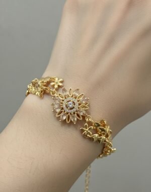 Artificial Gold-Tone Floral Bracelet with Crystal Design