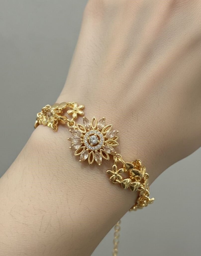 Artificial Gold-Tone Floral Bracelet with Crystal Design