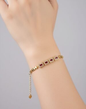Artificial Gold-Tone Red Stone Bracelet with Heart Chain