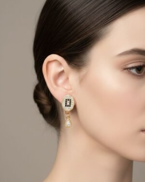 1 Pair Artificial Gold-Tone Black Stone Drop Earrings