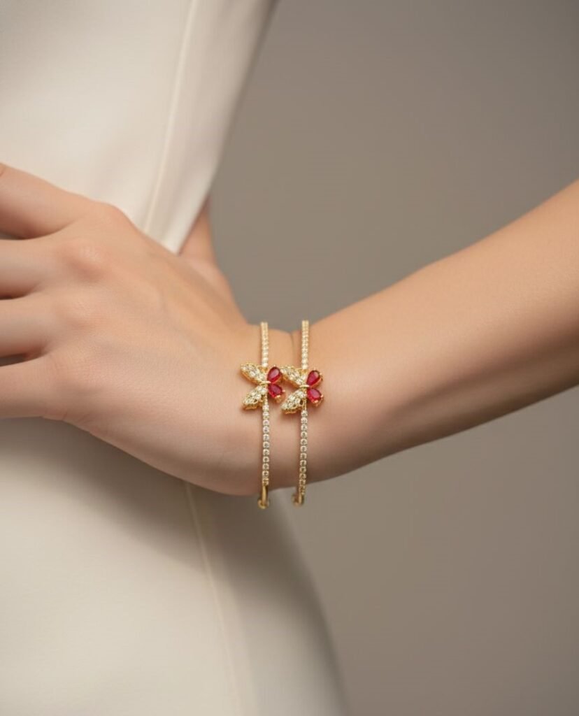 Artificial Double Bangles Set with Red Flower Design