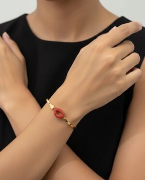 1 Pc Artificial Gold Finish Red Accent Cuff Bracelet