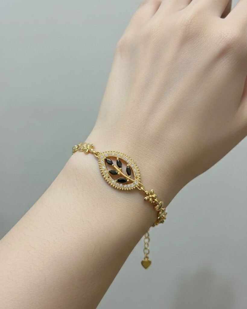 Artificial Leaf Design Bracelet with Black Stones