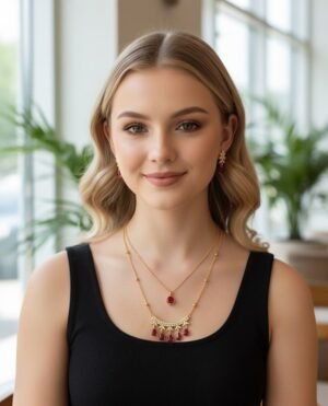 1 Pc Elegant Gold-Tone Layered Ruby Pendant Necklace Set