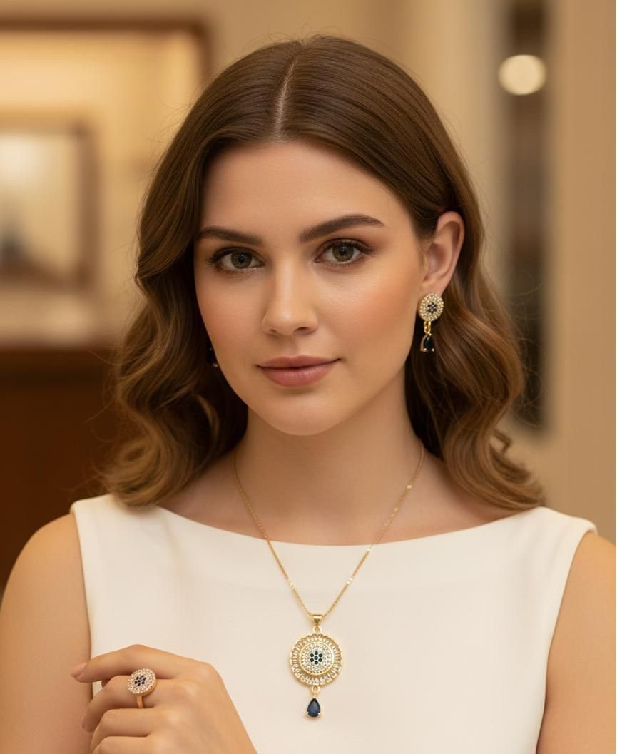 Green Stone Artificial Necklace, Finger Ring & Earrings Set - Image 3