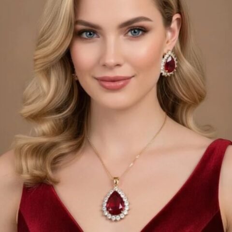 Elegant Ruby Red Teardrop Necklace & Earring Set for Women