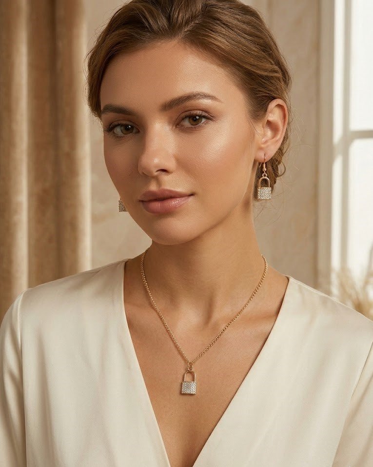 Crystal Lock Pendant Necklace Set