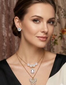 Layered Pearl & Butterfly Pendant Necklace Set