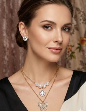 Layered Pearl & Butterfly Pendant Necklace Set