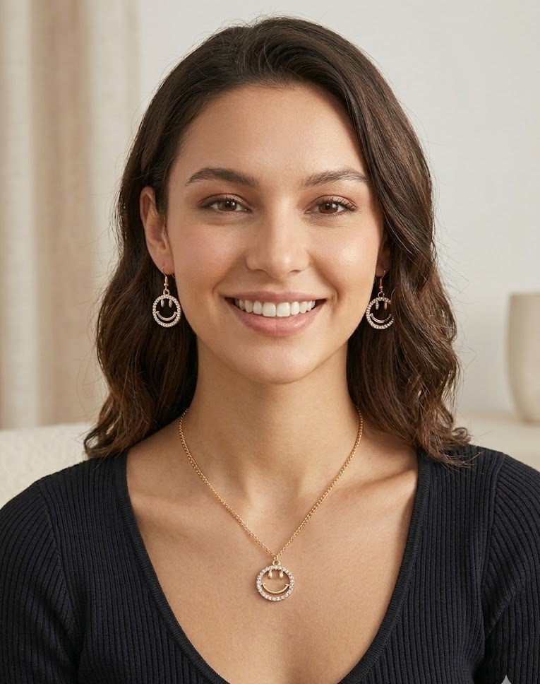 Cute Smiley Charm Necklace & Earrings Set