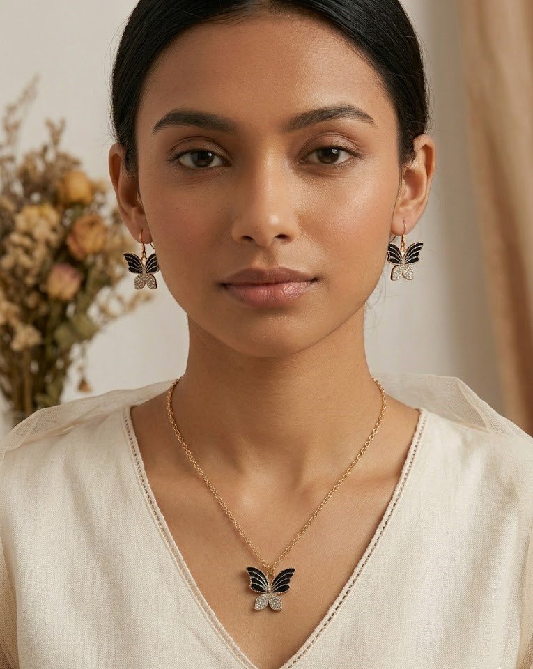 Butterfly Pendant Necklace & Drop Earrings Set