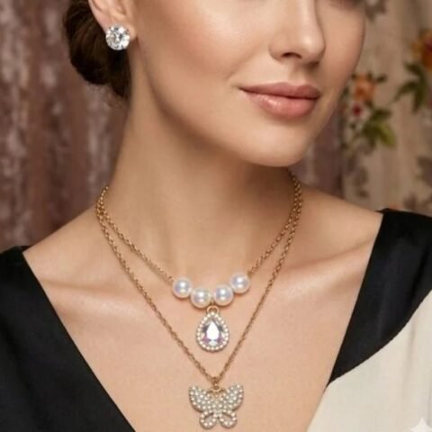 Layered Pearl & Butterfly Pendant Necklace Set