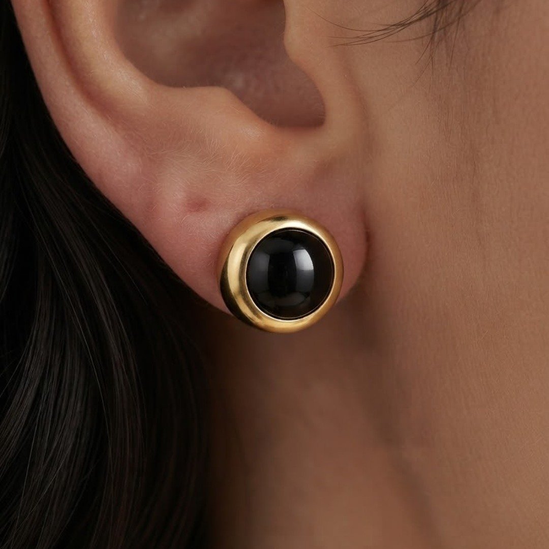 Elegant Black & Gold Stud Earrings - Image 2