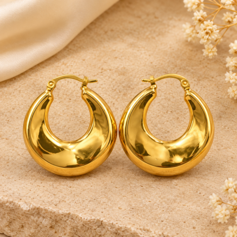 Golden Chunky Crescent Hoop Earrings – Bold Puffy Moon Hoops for Women