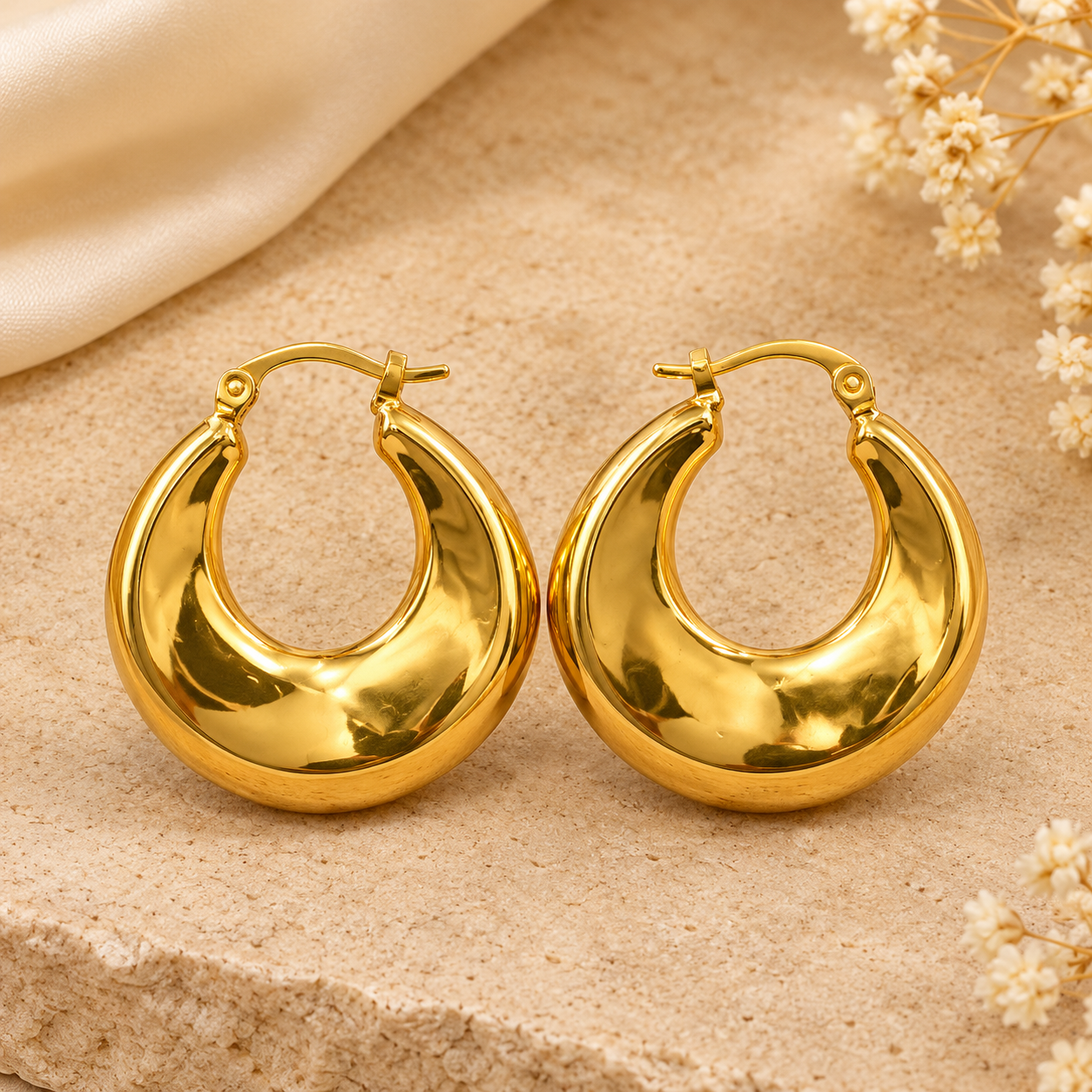 Golden Chunky Crescent Hoop Earrings – Bold Puffy Moon Hoops for Women
