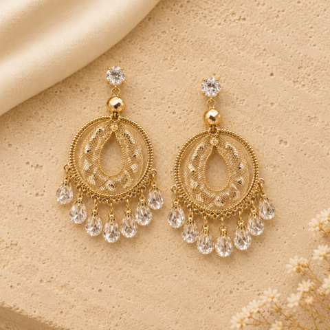 Golden Filigree Chandbali Earrings with Crystal Drops – Statement Earrings for Women