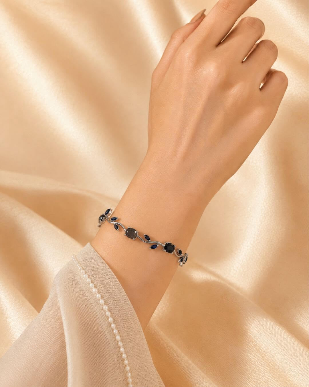 Silver Midnight Black Leaf Vine Bracelet – Dark Zircon Stone Bracelet for Women - Image 2