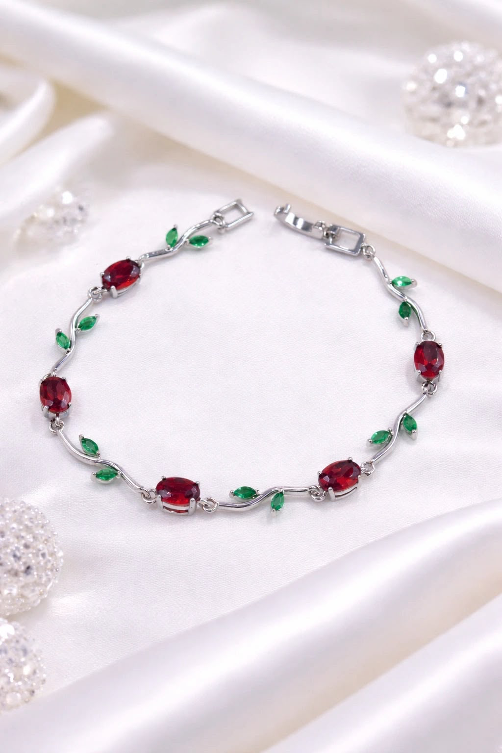 Silver Ruby Red & Green Leaf Vine Bracelet – Zircon Stone Bracelet for Women - Image 2