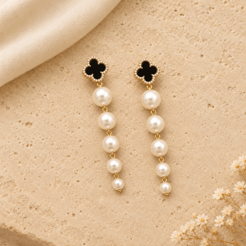 Black Clover Long Pearl Drop Earrings – Golden Pearl Dangle Earrings for Women