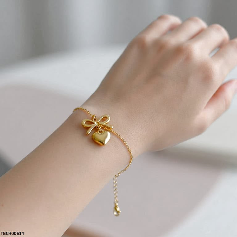 Golden Bow & Heart Charm Bracelet – Adjustable Chain Bracelet for Women - Image 2