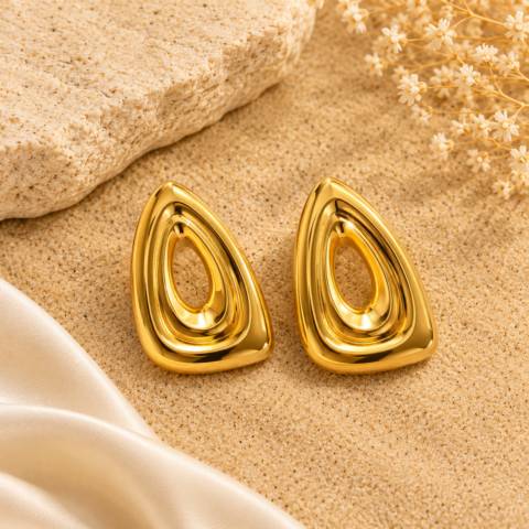 Golden Layered Triangle Drop Earrings – Sculptural Open Statement Studs for Women