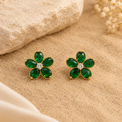 Emerald Green Flower Stud Earrings – Golden Zircon Floral Studs for Women