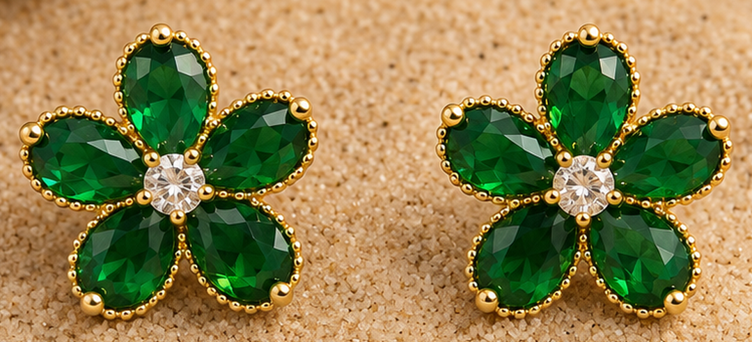 Emerald Green Flower Stud Earrings – Golden Zircon Floral Studs for Women - Image 2