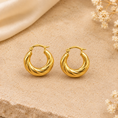 Golden Swirl Twisted Hoop Earrings – Chunky Spiral Ribbed Hoops for Women