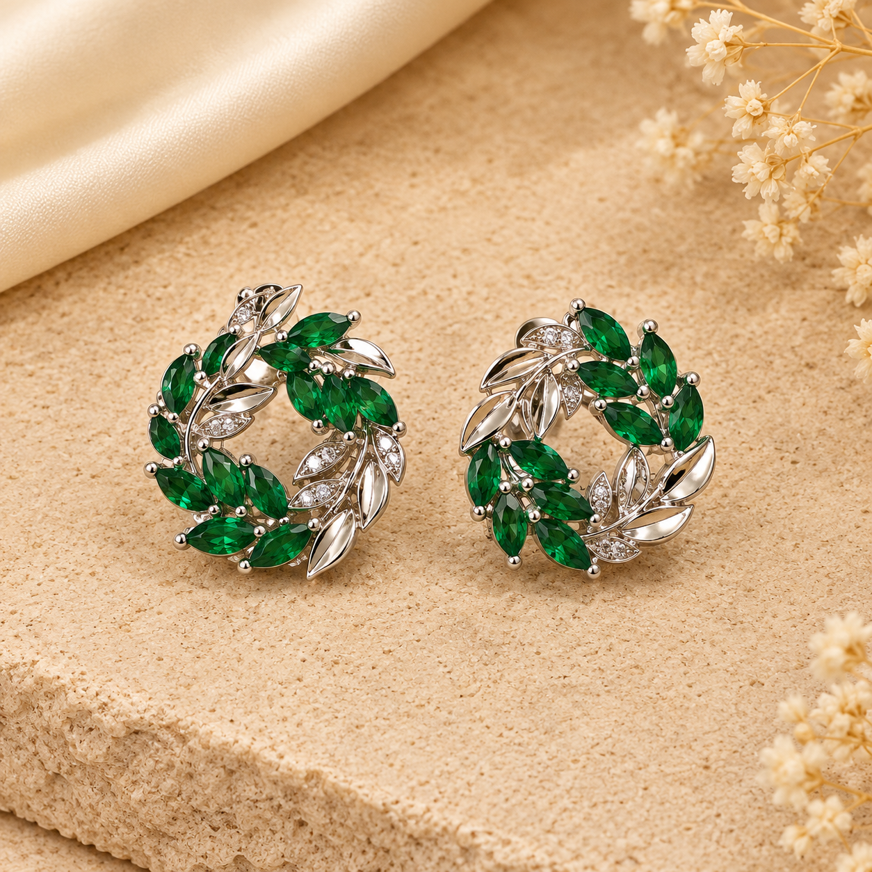 Silver Emerald Green Leaf Wreath Stud Earrings – Zircon Laurel Statement Studs for Women