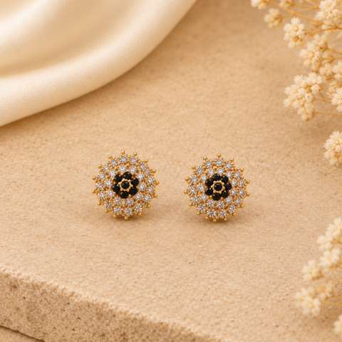 Golden Black Flower Zircon Cluster Stud Earrings – Sparkling Floral Statement Studs for Women