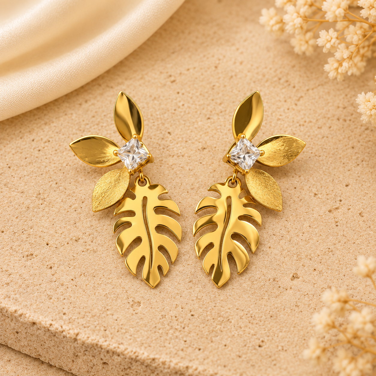 Golden Monstera Leaf Drop Earrings – Crystal Petal Tropical Statement Earrings for Women