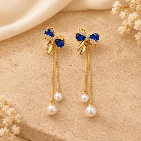 Sapphire Blue Zircon Bow Pearl Drop Earrings – Golden Double Chain Pearl Dangle Earrings for Women