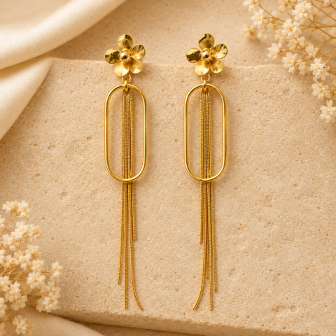 Golden Blossom Paperclip Tassel Earrings – Flower Stud Long Chain Fringe Drop Earrings for Women