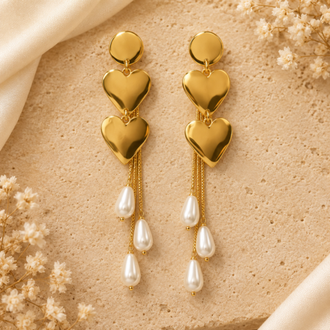 Golden Double Heart Pearl Tassel Drop Earrings – Long Chain Teardrop Pearl Statement Earrings for Women