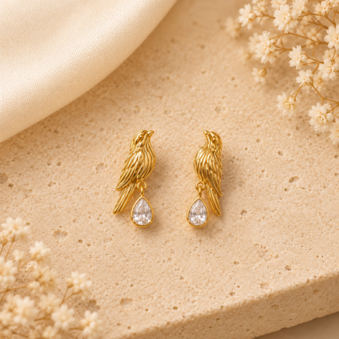 Golden Songbird Crystal Drop Stud Earrings – Bird Stud with Teardrop Zircon Charm for Women