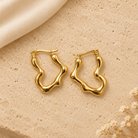 Golden Wavy Molten Hoop Earrings – Abstract Organic Shape Statement Hoops for Women
