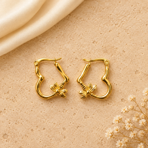 Golden Honeybee Heart Hoop Earrings – Open Heart Bee Charm Hoops for Women