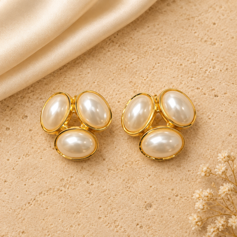 Golden Triple Oval Pearl Cluster Stud Earrings – Vintage Bold Pearl Statement Studs for Women