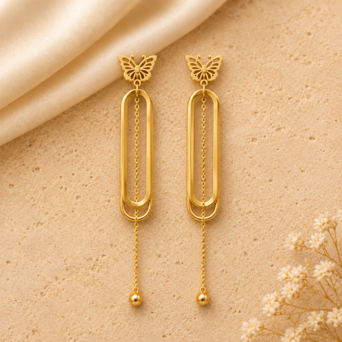 Golden Butterfly Paperclip Chain Drop Earrings – Long Oval Link Dangle Earrings for Women