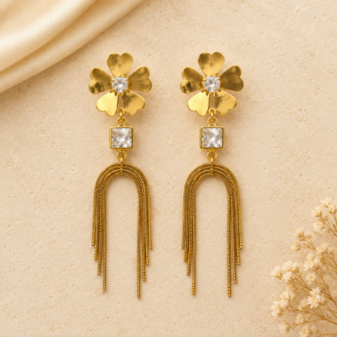 Golden Heart Petal Flower Crystal Tassel Earrings – Arch Chain Fringe Drop Earrings for Women