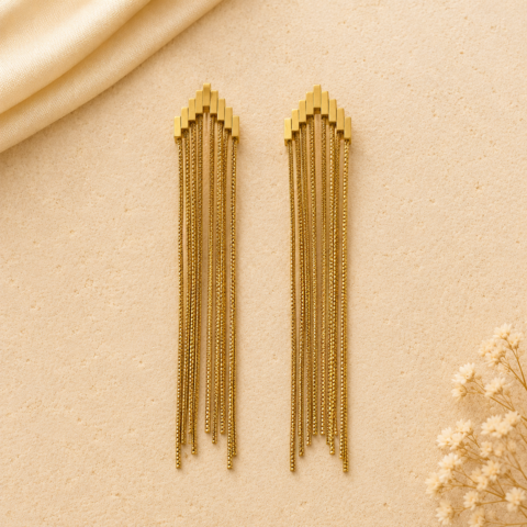 Golden Art Deco Chevron Fringe Earrings – Long Chain Tassel Statement Earrings for Women