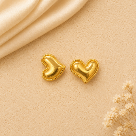 Golden Puffy Heart Stud Earrings – Beaded Border Chunky Heart Studs for Women