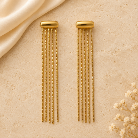 Golden Bar Stud Chain Fringe Earrings – Minimal Long Tassel Drop Earrings for Women